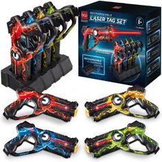 the laser tac set includes four different types of lights and action figures, including one with