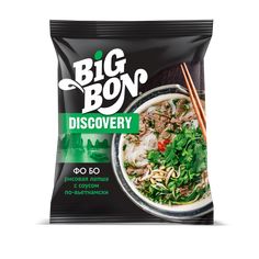 a bag of soup with chopsticks in it and the words big bon discovery