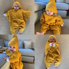 four pictures of a baby wearing a yellow outfit