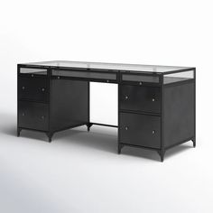 an office desk with glass top and drawers