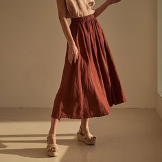 A Line Linen Skirt, Terracotta Skirt Outfit, Long Linen Skirt With Elastic Waistband, Linen Tiered Maxi Skirt With Elastic Waistband, Linen Maxi Skirt With Elastic Waistband And Wide Leg, Terracotta Skirt, Saint Moritz, Linen Skirts, Maxi Skirt With Pockets