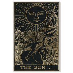 the sun tarot card is shown in gold