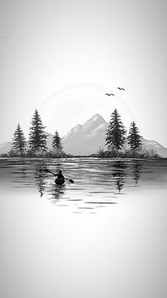 a black and white photo of a person swimming in the water with mountains in the background