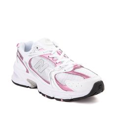 New Balance 530 Athletic Shoe - White / Pink Sugar | Journeys New Balance Valentine, Womens Nike Sneakers Pink, Running Shoes Rose, Pink Fitness Shoes, Casual Pink Shoes Women, Pink And Gray Foam Runners, Pink Sneaker Shoes, New Balance Valentines Day, Cute Workout Shoes Adidas