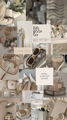 the collage shows many different items in white and beige colors, including shoes, perfumes, books, and other decorative objects