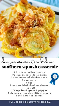 the recipe for southern squash casserole is shown on a plate with a blue ribbon