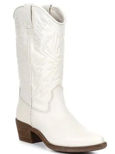 A curved topline and decorative stitching highlights the Western style of this leather boot finished with a chunky stacked block heel. Leather upper Pull-on design Synthetic lining Synthetic outsole Approx. 11" shaft height Approx. 14.25" shaft circumference Approx. 2" heel height Fit: Runs small; order 1/2 size up. Western Boots In Faux Leather Medium Width, White Leather Knee-high Boots With Snip Toe, Western Wide Calf Faux Leather Boots, Western Knee-high Faux Leather Boots, Western Leather Platform Boots With Round Toe, Western Style Round Toe Heeled Boots In Faux Leather, Western Leather Knee-high Boots With Block Heel, Western Style Faux Leather Mid-calf Boots With Round Toe, Western Leather Platform Boots With Wide Calf