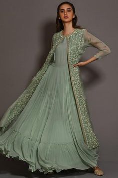 Shop for Vara by Vibha n Priti Green Chiffon Pleated Anarkali With Jacket for Women Online at Aza Fashions Anarkali With Jacket, Tiered Anarkali, Open Jacket, Embroidered Neckline, Anarkali Dress, Jacket For Women, Long Jacket, Indian Design, Green Jacket