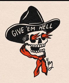 a drawing of a skull wearing a cowboy hat with a red scarf around its neck