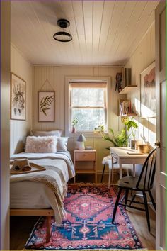 a bedroom with a bed, desk and chair next to an open door that leads to another room