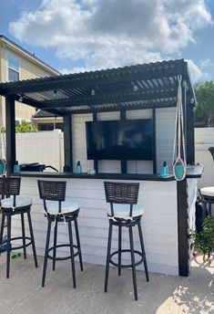 an outdoor bar with four stools and a flat screen tv