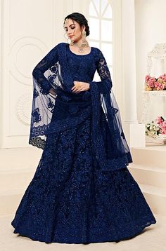 Dark Blue Lehenga, Navy Blue Lehenga, Navy Blue Party, Party Wear Lehenga Choli, Gaun Fashion, Blue Lehenga, Lehenga Online, Net Lehenga, Lehenga Choli Online