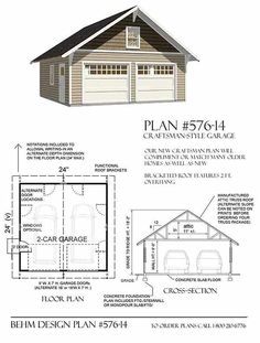 the plans for a two car garage are shown in this image, with measurements and details