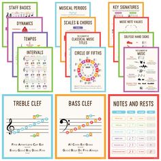 music notes and symbols are arranged in different colors