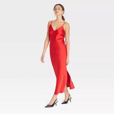 Women's Midi Slip Dress - A New Day™ Red M : Target Fitted Slip Dress For Date Night, Casual V-neck Slip Dress For Night Out, Fitted Slip Dress For Date Night In Spring, Chic Red Slip Dress With Bias Cut, Spaghetti Strap Slip Dress For Date Night In Spring, Spring Slip Dress With Spaghetti Straps For Date Night, Casual Summer Slip Dress For Date Night, Casual Sleeveless Slip Dress, Casual Fitted Sleeveless Slip Dress