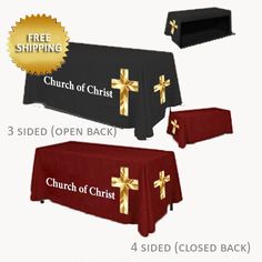 three tables covered in black and red cloths with gold crosses on the table top