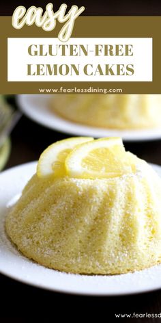 easy gluten - free lemon cake on a white plate with the text overlay