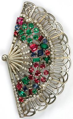 Trifari Sterling 'Alfred Philippe' Tricolour Flower Pattern and Openwork Fan Pin (or Pendant) Elegant Multicolor Rhinestone Brooches, Antique Fans, Fan Jewelry, Trifari Jewelry, Vintage Fans, Vintage Trifari, Crown Trifari, Silver Crown, Chatelaine