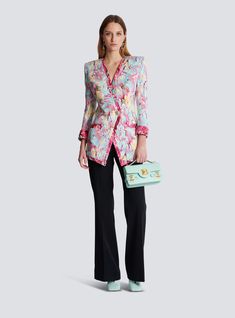 Long 6-button jacket with Feather print multicolor - Women | BALMAIN Designer Evening Blazer With Buttons, Designer Evening Blazer With Button Closure, Luxury Spring Blazer With Hidden Button Closure, Designer Evening Outerwear With Button Cuffs, Designer Spring Formal Blazer, Designer Spring Blazer With Button Closure, Designer Spring Blazer For Formal Occasions, Spring Evening Outerwear With Double-breasted Button, Designer Spring Evening Blazer