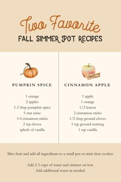 two different types of pumpkin pies with the words, two favorite fall slimmer pot recipes