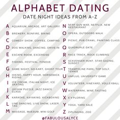 First Date Places, A To Z Date Ideas, This Or That Date Ideas, A-z Date Ideas, Alphabet Dates From A To Z, Dating Bio Examples For Women, Abc Date Ideas, Couple Activity, Hinge Dating App