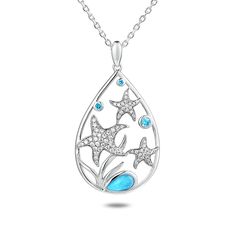 Alamea Sterling Silver Larimar and Blue Topaz Starfish Pendant w/Chain This teardrop-shaped sterling silver pendant brings the ocean to your jewelry box with blue-hued gemstones and whimsical starfish that sparkle with cubic zirconia. Pendant approx. 9/16"L x 1"W; chain approx. 16"L with 1" extender Stamped .925, rhodium plating Cable chain with lobster-claw clasp Made in China Stone Information All sizes and weights approximate Total Carat Weight: 0.74ct Larimar - 4x6mm Blue Topaz - 0.14ctw Cub Blue Starfish Sterling Silver Necklace, Blue Sterling Silver Starfish Jewelry, Blue Sterling Silver Starfish Necklace, Blue Sterling Silver Necklace With Starfish Charm, Blue Sterling Silver Necklaces With Starfish Charm, Elegant Blue Starfish Charm Jewelry, Elegant Blue Jewelry With Starfish Charm, Ocean-inspired Silver Gemstone Jewelry, Ocean Tropical