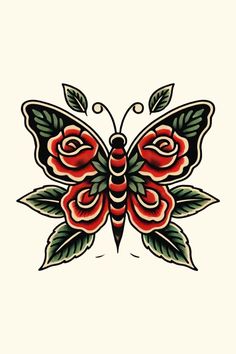 a butterfly with roses on it's wings is shown in red and green colors