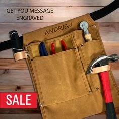 a tool belt with tools in it and the words get you message engaged