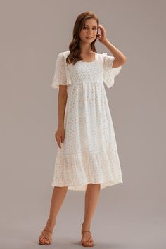 Floral Short Sleeve Crew Neck Smocked Midi Dress Women's Dresses Casual, Modest Midi Dress, Homemade Dress, Petite Midi Dress, Smocked Maxi Dress, Hand Smocked Dress, Midi Dresses For Women, Vintage Boho Fashion, Church Dresses