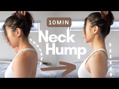 a woman in white shirt standing next to a bed with the words neck hump on it