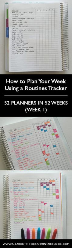 a planner with the text how to plan your week using routine trackers for 52 planners in 3 weeks week 1