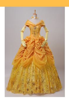 Beauty And Beast Belle Amber Gold With Embroidery Accent Cosplay Costume - Cosrea Cosplay - Belle's classic ballgown in custom, Amber Gold Satin & Tulle fabric.Form fitting bodice with ruffle sleeves and embroidered accent.Complete with matching hair tie, long gloves and wired petticoat.S... Belle Dress Costume, Petticoat Skirt, Beauty And Beast, Disney Wedding Dresses, Satin Tulle, Belle Dress, Lace Tie, Princess Belle, Princesa Disney