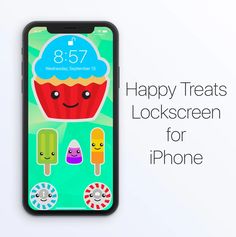 an iphone with the words happy treats lockscreen for iphone on it's screen