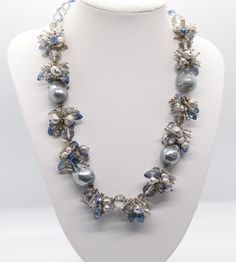 Elegant Blue Crystal Necklaces For Parties, Elegant Blue Crystal Necklace For Party, Elegant Blue Pearl Necklace, Elegant Blue Faceted Necklaces, Elegant Blue Beaded Necklace With Faceted Beads, Elegant Blue Faceted Necklace, Party Pearl Jewelry In Blue, Blue Beaded Necklaces For Evening, Blue Pearl Jewelry For Party