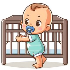 a baby standing in front of a crib holding a pacifier