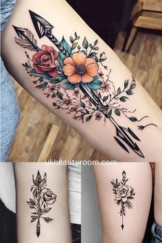 three different images of tattoos with flowers and arrows