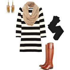 Is it Fall yet? Black And White Stripe Dress, Brown Riding Boots, Stripe Dress, Looks Chic, Fall Looks, Fall Winter Outfits, Cute Fashion, Look Fashion