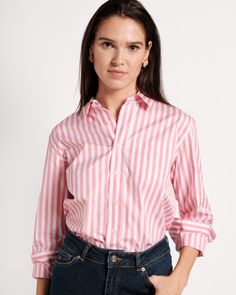 Our Perfect Button Down is that classic top that never leaves your wardrobe. Updated in a new pink and white stripe poplin, this basic goes with just about everything in your closet. Women’s button up with bracelet-length sleeves and classic shirt collar Updated in bold navy & white stripes Made with cool & crisp 100% cotton poplin Detailed with embroidered heart on collar & FV’s signature XO on cuff Made in Turkey Essential Dress, Embroidered Heart, Pink And White Stripes, Closet Women, Handbag Shoes, Shirt Collar, Classic Shirt, Navy White, Sweater Skirt