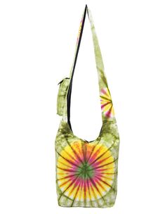 a green and yellow bag with a tie dye design on the front, hanging from a black strap