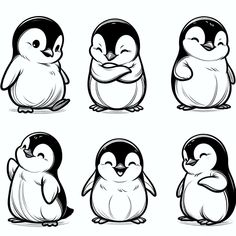 six penguins with different poses and expressions