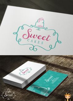 the logo for sweet cakes is shown on top of a white business card with green lettering