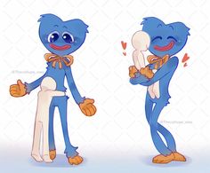 two blue cartoon characters are standing next to each other and one is holding a bone