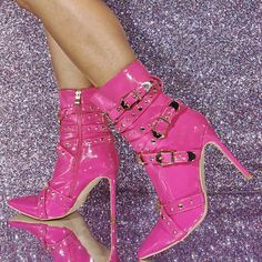 TAAFO Pink Women Cross Metal Buckles Ankle Boots Rivets Diamonds High Slim Heels Shoes Wide Fit Short Booties hot pink-37 Chic High Heels, Party High Heels, Fabric Boots, Designer High Heels, Buckle Ankle Boots, Pointed Toe Boots, High Heel Boots Ankle, Womens Knee High Boots, South Asia