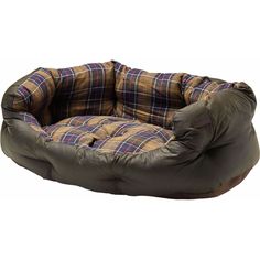 a dog bed with a plaid design on the front and back, made from an overstuffed material