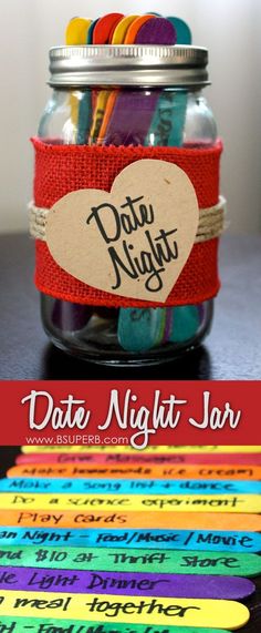 a jar filled with lots of colorful magnets next to a tag that says date night jar