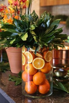 an arrangement of oranges in a glass vase on a kitchen counter top with potted plants