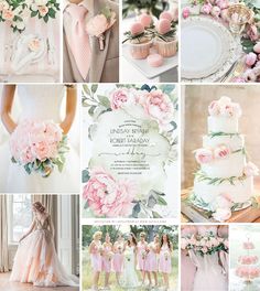 a collage of wedding photos with pink flowers and greenery on the top right