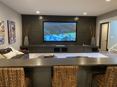 a living room filled with furniture and a flat screen tv mounted to the side of a wall