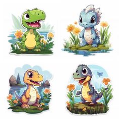 four different cartoon dinosaurs sitting in the grass