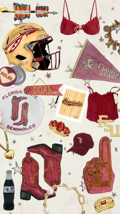 an assortment of sports related items on a white background, including bras and baseball caps